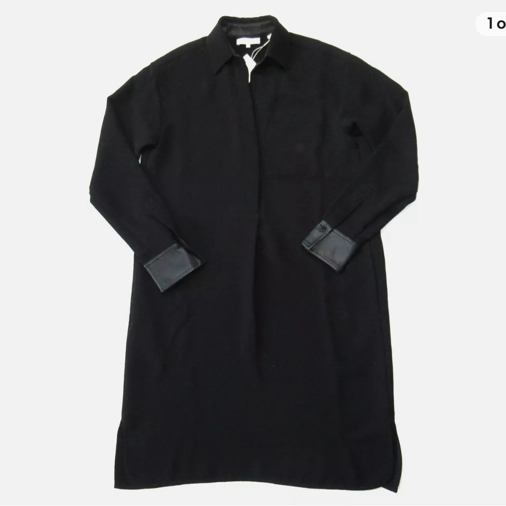 Vince Faux Leather Trim Shift in Black Crepe Shirt Dress XS originally $345